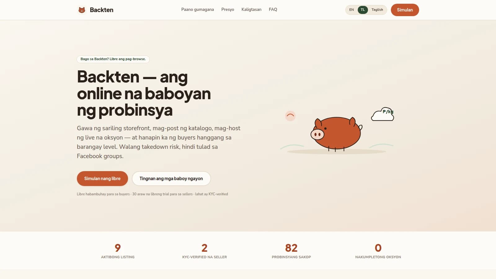 Desktop landing-page hero for Backten, a Philippine provincial pig marketplace, captured at 1600x900 in a warm cream-and-clay light theme. The top navigation bar carries a round clay-orange pig-face logo beside the wordmark "Backten" at far left; centered links read "Paano gumagana", "Presyo", "Kaligtasan", and "FAQ"; at the right sits a three-option language capsule labelled EN, TL, and Taglish with "TL" selected inside a dark-green filled knob, followed by a clay-orange pill button reading "Simulan". Below, on the left half of the hero, a small white outlined pill reads "Bago sa Backten? Libre ang pag-browse." Under it a very large three-line black headline reads "Backten — ang online na baboyan ng probinsya". The supporting paragraph reads "Gawa ng sariling storefront, mag-post ng katalogo, mag-host ng live na oksyon — at hanapin ka ng buyers hanggang sa barangay level. Walang takedown risk, hindi tulad sa Facebook groups." Two side-by-side buttons follow: a filled clay-orange "Simulan nang libre" and a white outlined "Tingnan ang mga baboy ngayon". Beneath them a single line of grey fine print reads "Libre habambuhay para sa buyers · 30 araw na libreng trial para sa sellers · lahat ay KYC-verified". The right half of the hero holds a flat line-art illustration on the cream gradient: a round rust-brown pig with a pale pink snout standing on a soft elliptical shadow, a pale pink circle with an arc to its upper left, two mint-green swooshes flanking it, and a small white outlined cloud at upper right carrying a teal "₱/kg" label. A pale band across the bottom of the frame shows four evenly spaced statistics, each a large clay-orange number above a small grey uppercase label: "9 AKTIBONG LISTING", "2 KYC-VERIFIED NA SELLER", "82 PROBINSYANG SAKOP", and "0 NAKUMPLETONG OKSYON". All copy is in Tagalog/Taglish, drawn from seeded demo data.