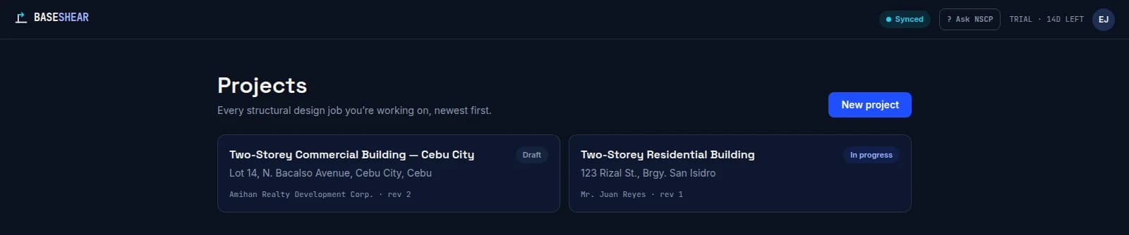 Projects list page with a 'New project' button and two project cards: 'Two-Storey Commercial Building — Cebu City' marked Draft, at 'Lot 14, N. Bacalso Avenue, Cebu City, Cebu', owned by Amihan Realty Development Corp., rev 2; and 'Two-Storey Residential Building' marked In progress, at '123 Rizal St., Brgy. San Isidro', owned by Mr. Juan Reyes, rev 1.
