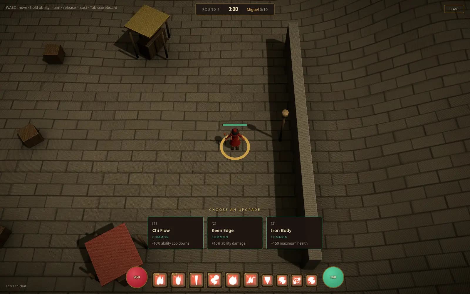 Top-down 3D gameplay capture, 1600 by 1000, of a broad sand-coloured brick plaza at the start of a round, lit warmer and brighter than the other frames. The player's red-robed character stands at centre inside a gold selection ring with a full green health bar above them. Props sit around the plaza: a wooden market stall with a yellow thatched canopy at upper left, small wooden crates at upper left and mid-left, a round-topped wooden post to the right of the player, a tall thin wall slab running vertically down the right third of the frame casting a long shadow, and a red-tiled roof at lower left. Across the lower third of the screen sits the roguelike draft interface: a small gold letter-spaced heading reads "CHOOSE AN UPGRADE" above three dark rounded cards side by side. Card one is labelled "[1]", titled "Chi Flow", rarity "COMMON" in muted green, effect "-10% ability cooldowns". Card two is "[2] Keen Edge", "COMMON", "+10% ability damage". Card three is "[3] Iron Body", "COMMON", "+150 maximum health". HUD overlays: top-left control hint "WASD move · hold ability = aim · release = cast · Tab scoreboard"; a dark banner at top centre reading "ROUND 1", timer "3:00" and "Miguel 0/10"; an outlined "LEAVE" button at top right. Along the bottom, a red orb reads 950, the ten-slot ability bar of orange-red flame and claw icons is keyed LMB, RMB, Q, E, R, F and 1 through 4, and a green orb reads 140. Small text at bottom left reads "Enter to chat".