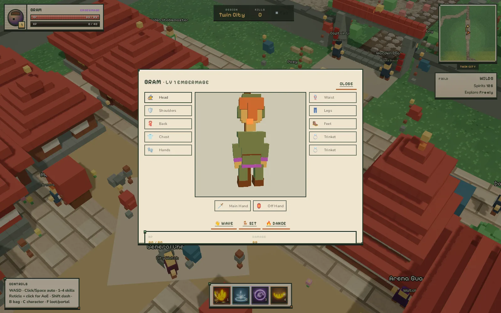 Character sheet and equipment paperdoll open over live Twin City gameplay in the background: a 3D character model of Bram, level 1 Embermage, centered, with equipment slot grids for Head, Shoulders, Back, Chest, Hands, Waist, Legs, Feet and Trinkets on both sides, Main Hand and Off Hand slots, and Wave, Sit and Dance emote buttons below.
