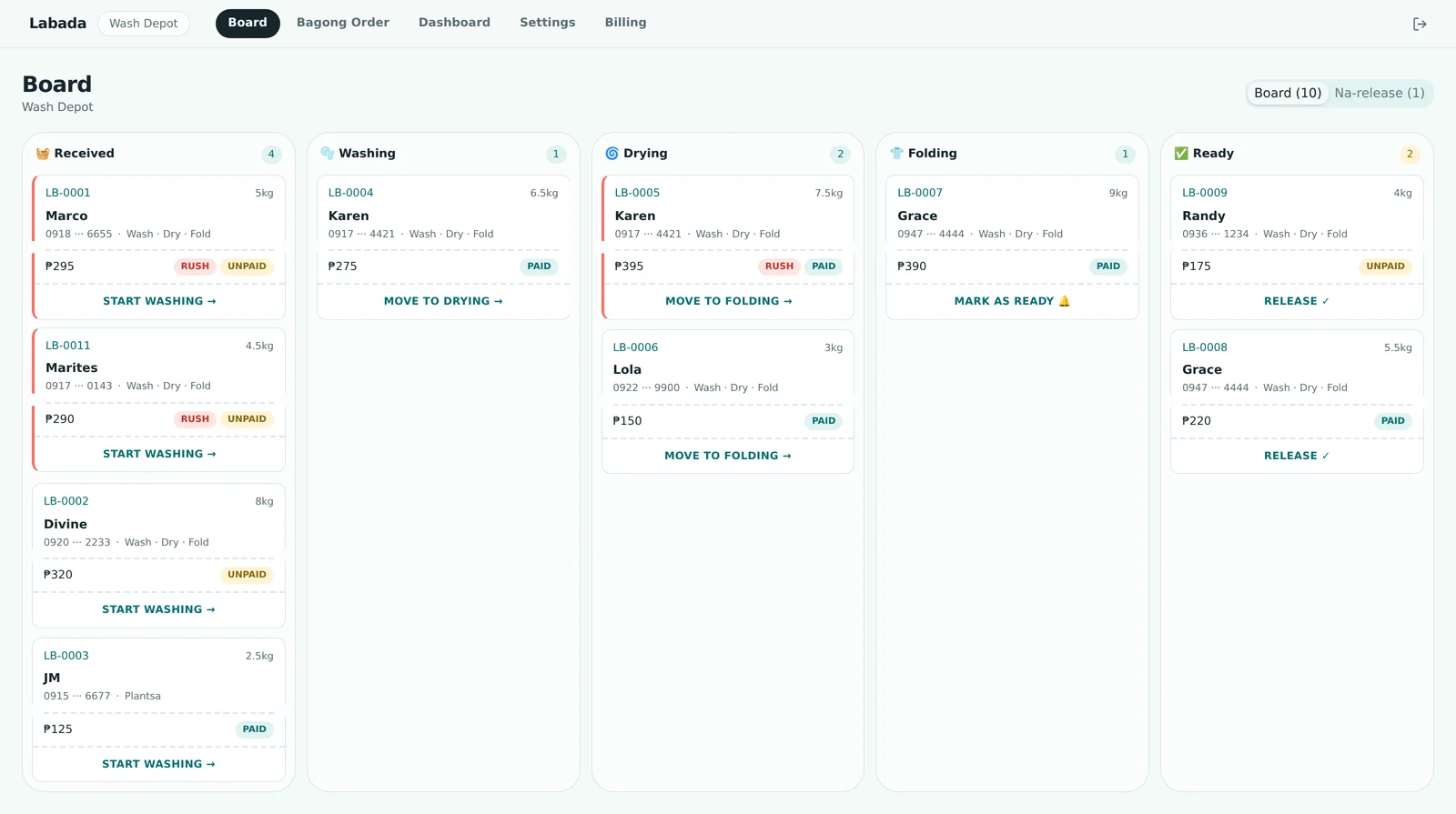 Desktop board view for Wash Depot with top nav Labada / Wash Depot / Board / Bagong Order / Dashboard / Settings / Billing, heading 'Board — Wash Depot', a 'Board (10) / Na-release (1)' toggle, and five kanban columns — Received (4), Washing (1), Drying (2), Folding (1), Ready (2) — with order cards showing numbers LB-0001 through LB-0011, customer first names (Marco, Marites, Divine, JM, Karen, Lola, Grace, Randy), masked mobile numbers like '0918 ··· 6655', kilo weights, 'Wash · Dry · Fold' service, peso amounts, RUSH / UNPAID / PAID badges, and a per-column action link such as 'START WASHING →' or 'MARK AS READY'.