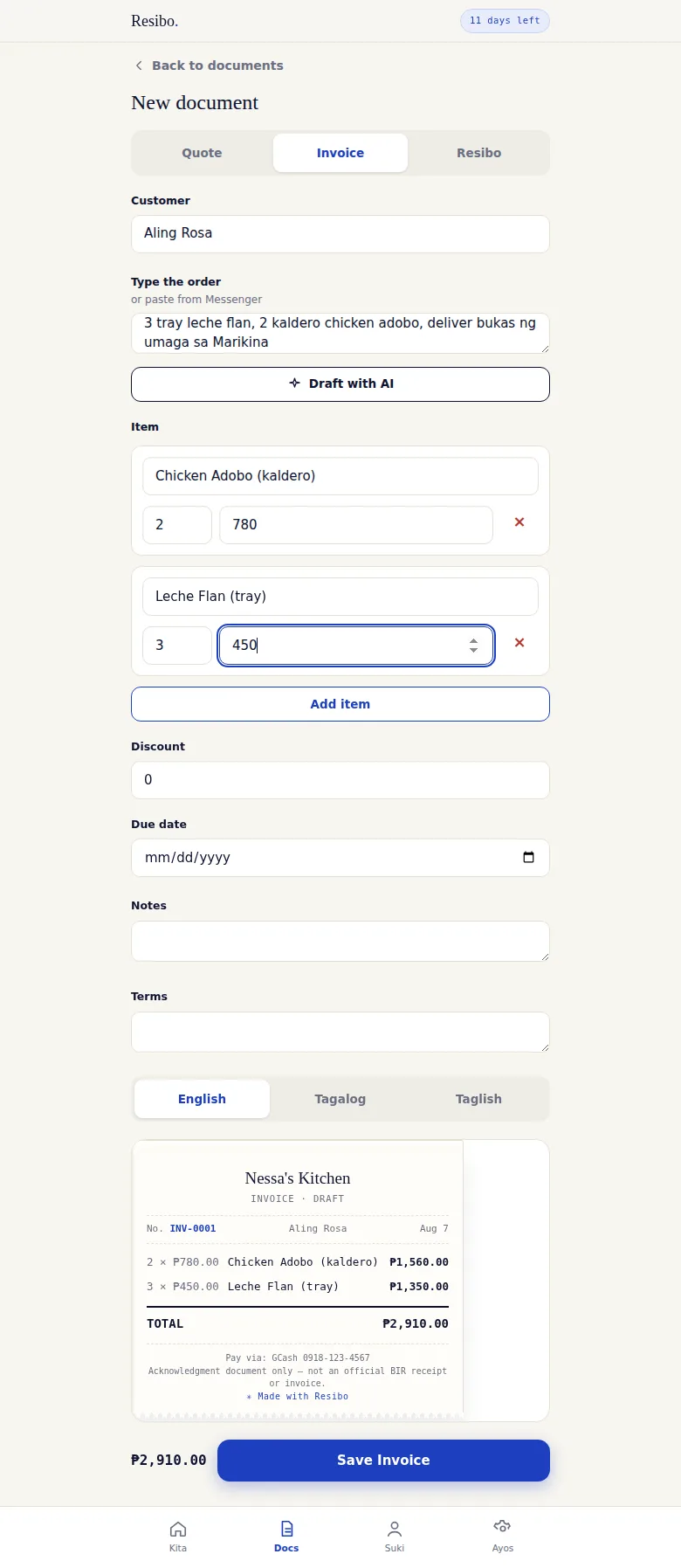 New invoice form scrolled through two line items, Chicken Adobo kaldero x2 and Leche Flan tray x3, with quantity and price fields, and a running total of ₱2,910.00 shown both above the Save button and inside a live receipt preview.