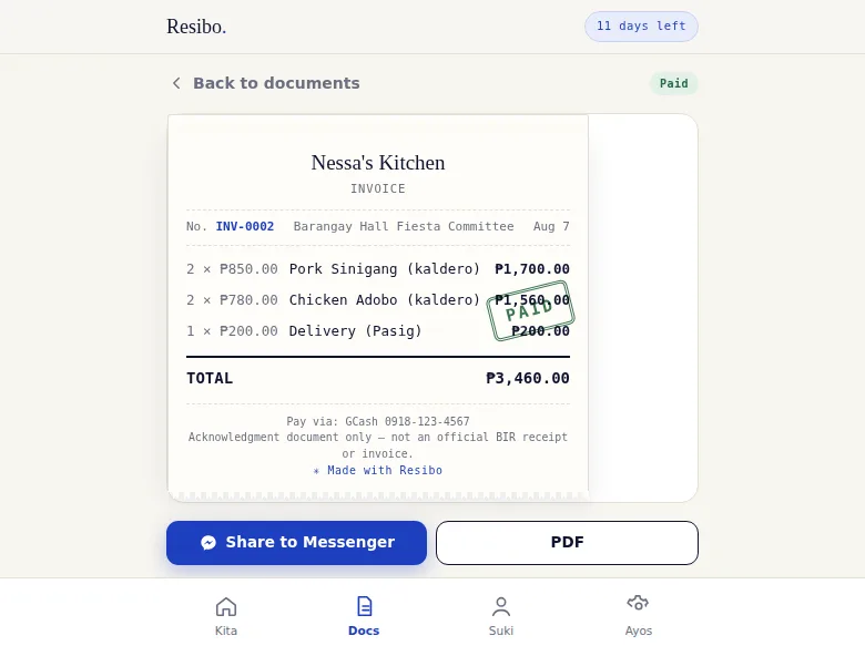 Invoice detail page for INV-0002 marked 'Paid', showing a receipt-style card for Barangay Hall Fiesta Committee with three line items, a ₱3,460.00 total, a diagonal PAID stamp graphic, and 'Share to Messenger' and 'PDF' buttons below it.