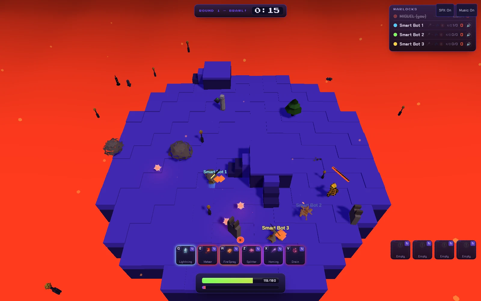 A later frame of the same match at 1600 by 1000, again from the overhead spectator camera. The blue-violet hexagonal voxel platform sits over the same flat red-orange lava field, with the meteor and its telegraph ring gone and the burnt scar of a dark rock left near the left edge. Terrain tiers are clearly visible — raised blocks casting hard shadows onto the tiles below, and a sunken dark trench cutting through the middle of the platform. Props include two grey boulders, a dark green conifer, a stone pillar, a dark statue and several floating orange-tipped rune wands. Three voxel warlocks are clustered across the lower middle of the platform under floating labels: "Smart Bot 1" in cyan at centre left with a bright orange diamond-shaped projectile bursting directly on it, "Smart Bot 2" in dimmed white to its right, and "Smart Bot 3" in yellow at lower centre, also wrapped in an orange burst. Four pale pink and white star-shaped spell impacts pop across the platform, and a long red-orange beam streaks diagonally on the right side. HUD overlays are unchanged in layout: top centre a pill reading "ROUND 1 — BRAWL!" with the timer at 0:15; top right the "WARLOCKS" panel with "MIGUEL (you)" struck through and greyed and the three bots active at K/D 1/0, 0/0 and 0/0 with orange 0 scores, plus "SFX: On" and "Music: On" toggles; bottom centre the six-slot ability bar with Q Lightning (outlined cyan), E Meteor, R FireSpray, Z Splitter, X Homing and V Drain; below it a green health bar reading 119/180 over an empty mana bar; bottom right four dark rune slots each labelled "Empty".