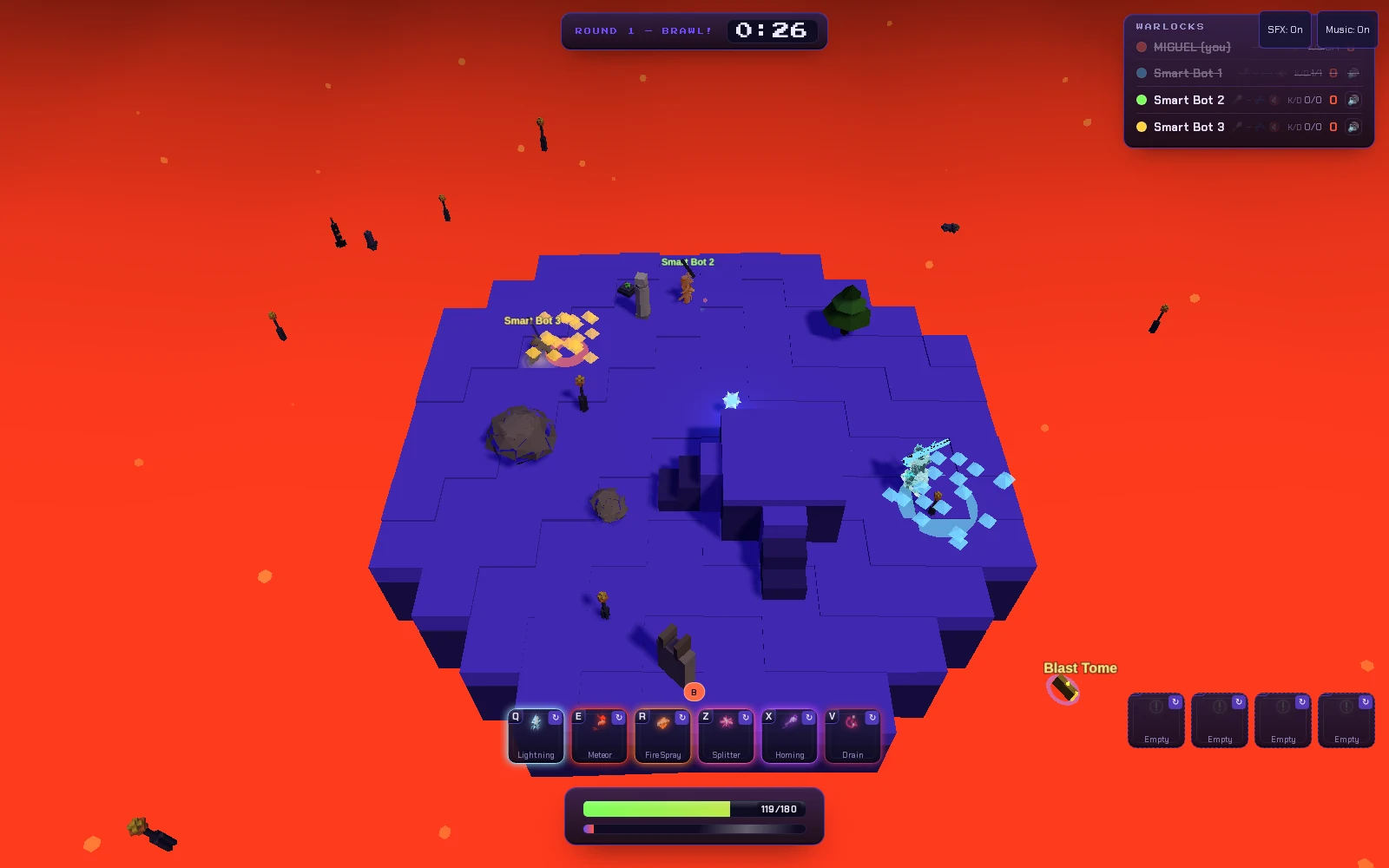 Late-round capture at 1600 by 1000 from the overhead spectator camera. The blue-violet voxel platform has visibly contracted — it is now a noticeably smaller hexagon than in the earlier frames, ringed on every side by a wide expanse of glowing red-orange lava dotted with drifting embers. On the right side of the platform a warlock is mid chain-lightning cast, surrounded by an arc of scattered pale blue voxel cubes and a curved cyan shockwave, with a small white four-pointed spark floating to its left. At upper left, a figure labelled "Smart Bot 3" in yellow is engulfed in a spray of orange-gold voxel shards over a faint purple ring. Near the top of the platform, "Smart Bot 2" in green stands beside a grey stone pillar. Two grey boulders, a dark green conifer, a small dark statue and a sunken dark trench occupy the rest of the surface, with orange-tipped rune wands floating around the edges. Just off the platform on the right, a pickup labelled "Blast Tome" in orange hovers inside a pink glowing ring. HUD overlays: top centre, a pill reading "ROUND 1 — BRAWL!" with the timer at 0:26. Top right, the "WARLOCKS" panel now shows both "MIGUEL (you)" and "Smart Bot 1" greyed out and struck through as eliminated, while Smart Bot 2 and Smart Bot 3 remain white and active at K/D 0/0 with orange 0 scores; "SFX: On" and "Music: On" toggles sit above. Bottom centre, the six-slot ability bar shows Q Lightning outlined cyan alongside E Meteor, R FireSpray, Z Splitter, X Homing and V Drain. Below it a green health bar reads 119/180 over an empty mana bar, and bottom right four dark rune slots each read "Empty".